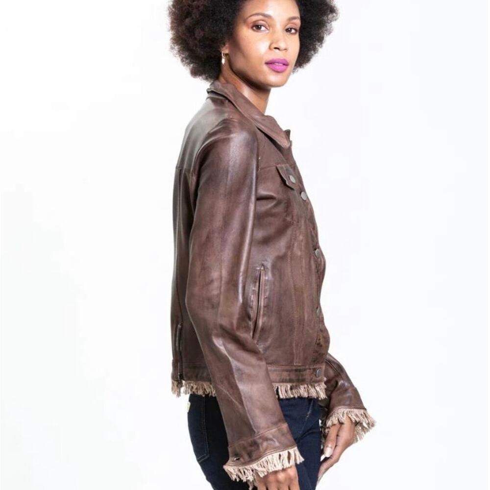 Jakett Alexa Jacket Washable Genuine Leather Fringe Patina Crop JKT NYC Brown S - Picture 8 of 9